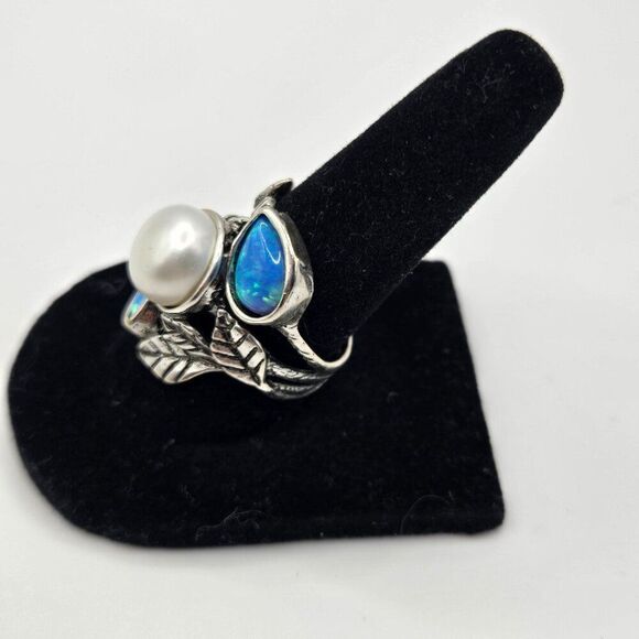 Didae Shablool 925 Sterling Silver Israel Blue Fire Opal Ring Size 7 Pearl - Picture 4 of 6